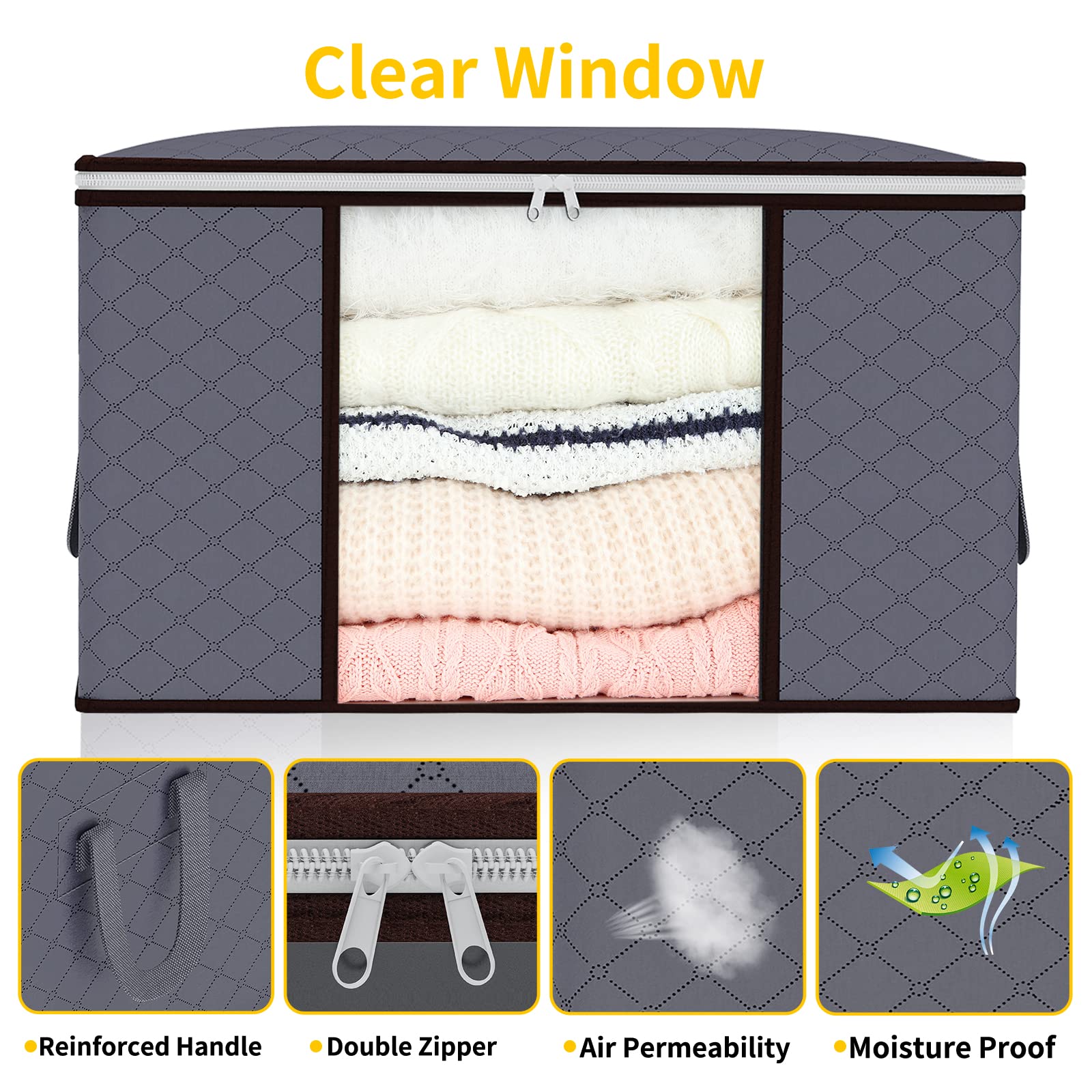 6 - Pack 90L Foldable Storage Bags – Large Capacity Clothes Boxes with Lid & Zips - Avidor