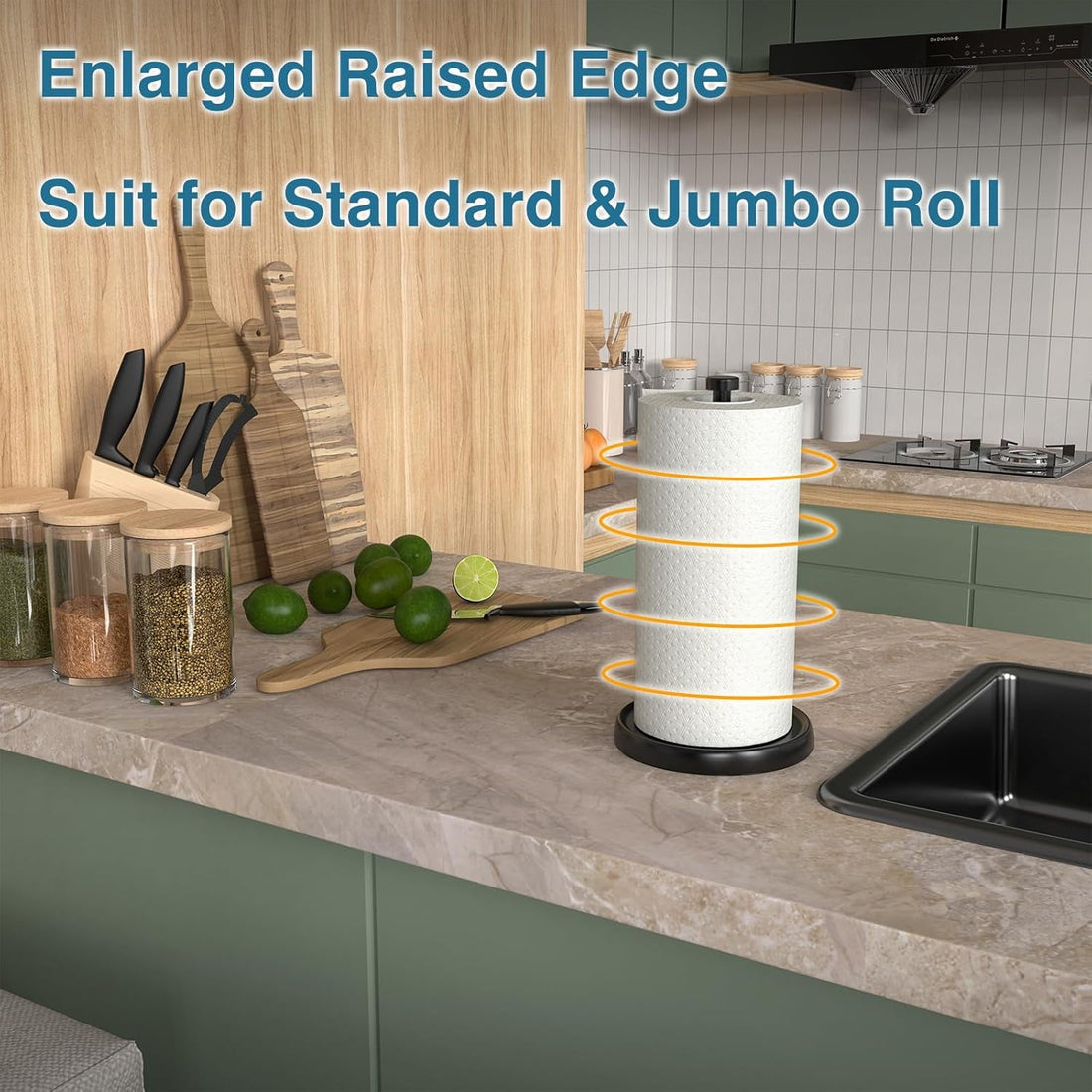 Black Paper Towel Holder Stand – Countertop Stainless Steel with One - Handed Tear & Weighted Base - Avidor