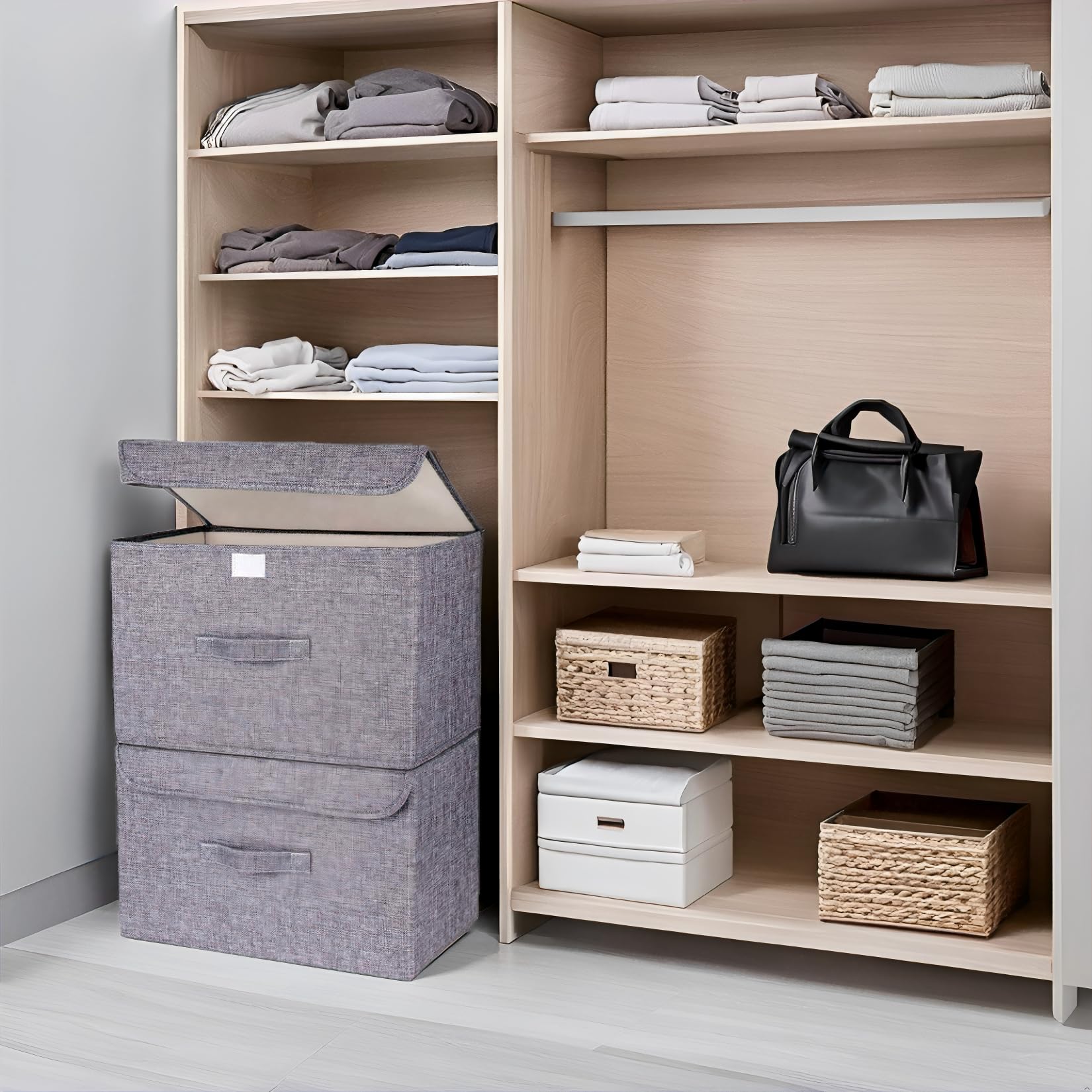 Homsorout Foldable Storage Boxes with Lid – 2 - Pack Grey Wardrobe Organizers with Handle - Avidor
