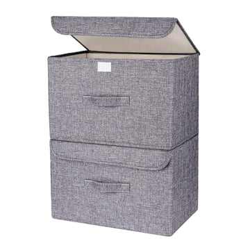 Homsorout Foldable Storage Boxes with Lid – 2 - Pack Grey Wardrobe Organizers with Handle - Avidor
