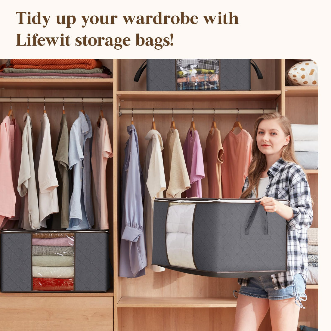 Lifewit 3 - Pack 95L Clothes Storage Bags with Lid – Grey - Avidor