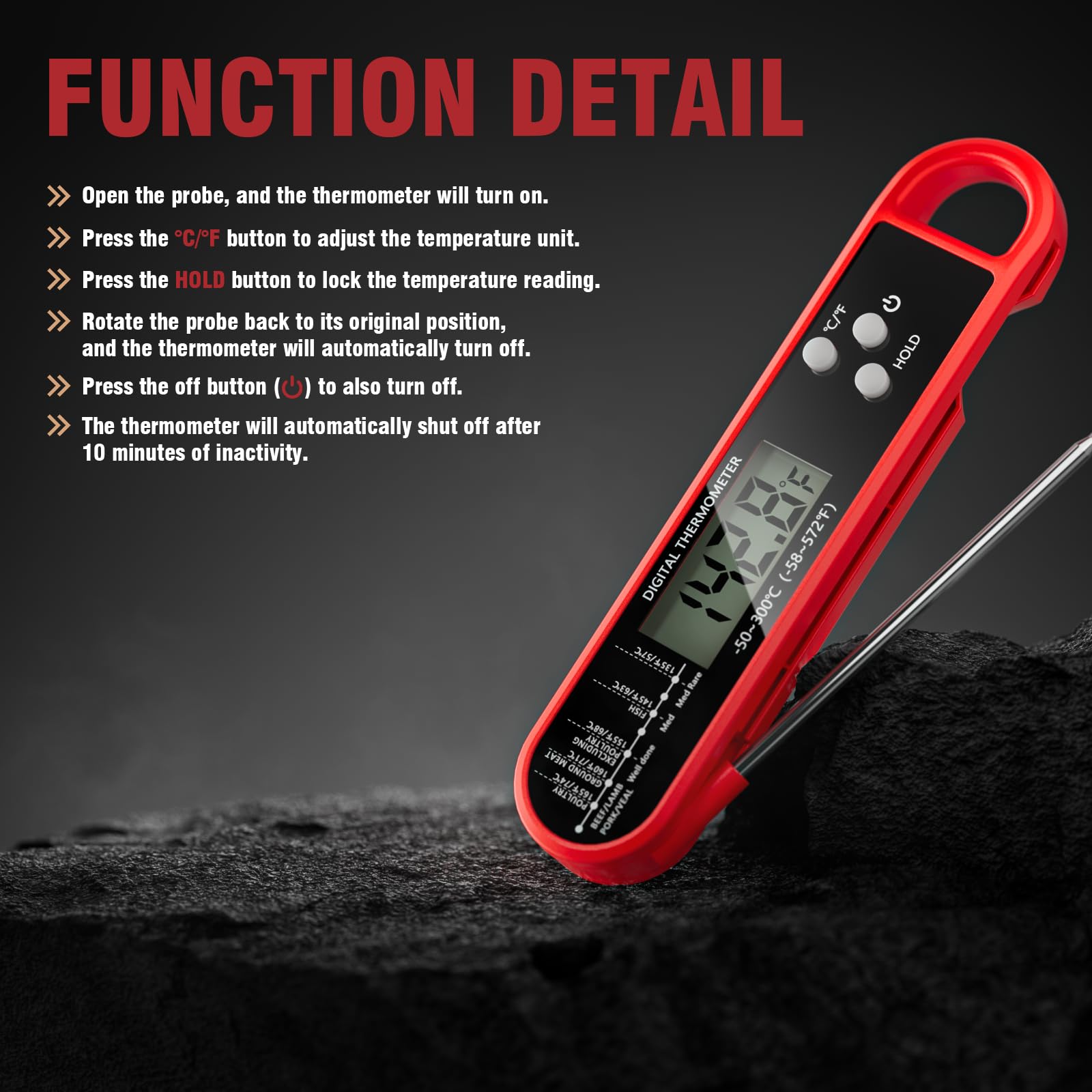 RUN HELIX Instant Read Meat Thermometer – Foldable Probe with Backlight LCD (Red) - Avidor