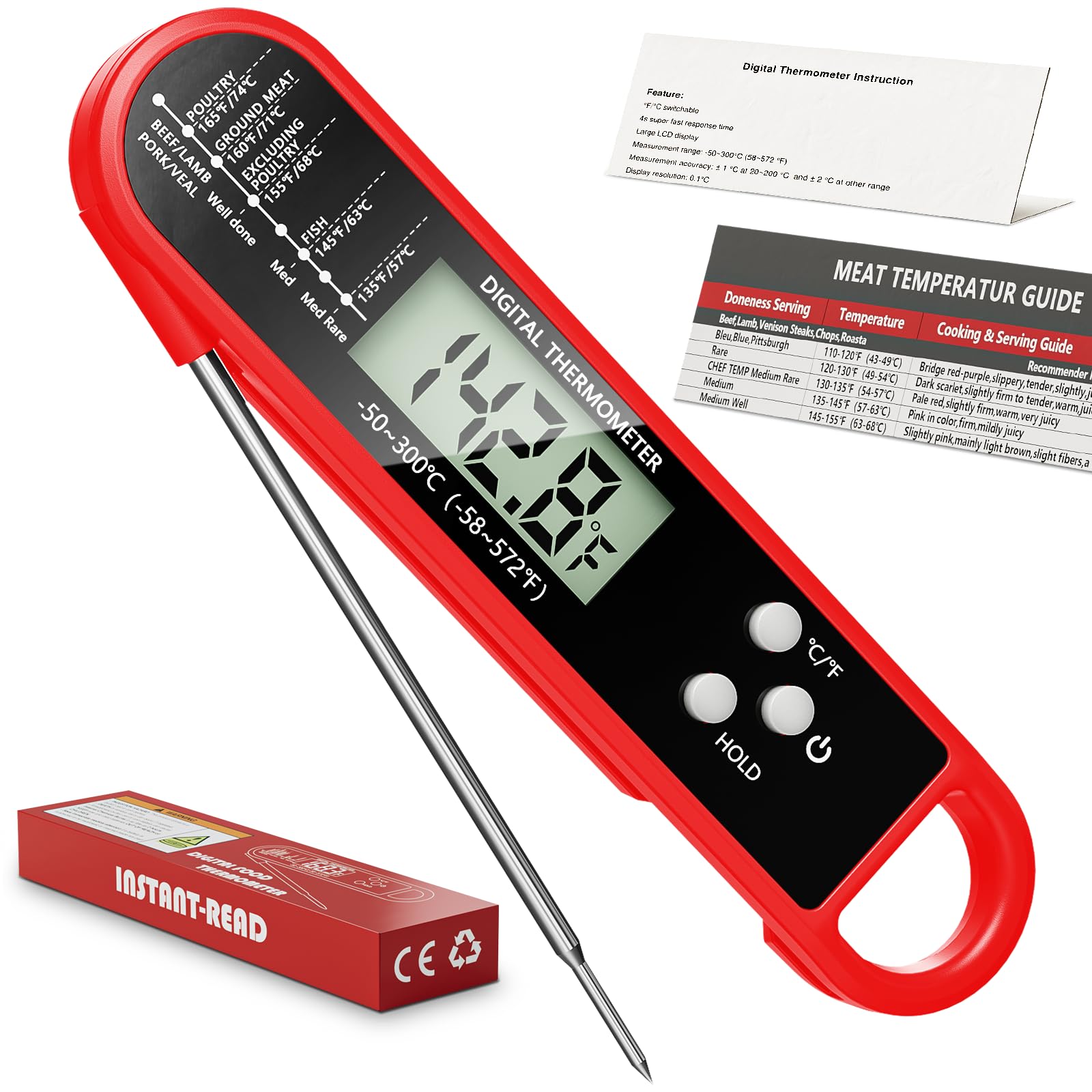 RUN HELIX Instant Read Meat Thermometer – Foldable Probe with Backlight LCD (Red) - Avidor