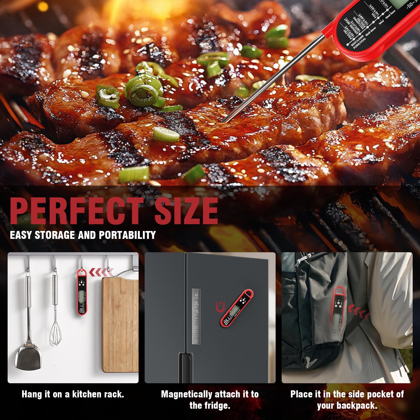 RUN HELIX Instant Read Meat Thermometer – Foldable Probe with Backlight LCD (Red) - Avidor